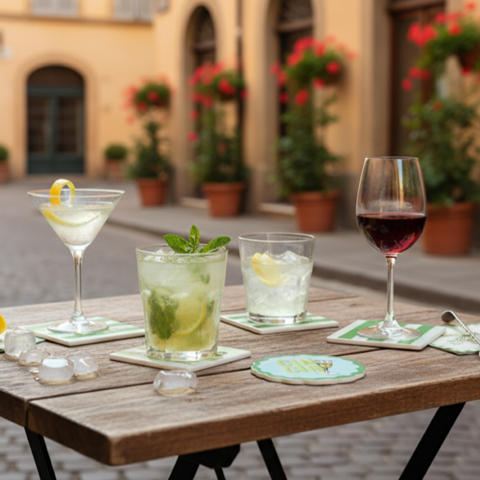 Image of cocktails on a wooden bench atop green coasters