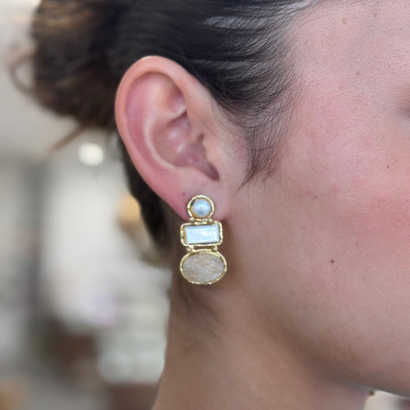 Amara Pearl and Rose Quartz Triple Drop Earrings