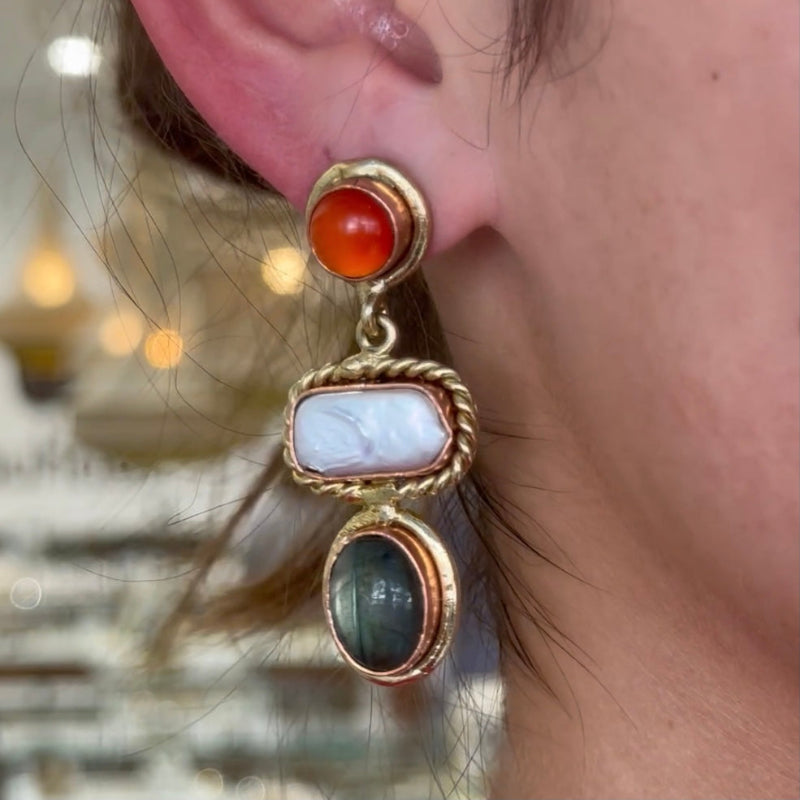 Amara Triple Drop Carnelian Pearl and Labradorite Earrings