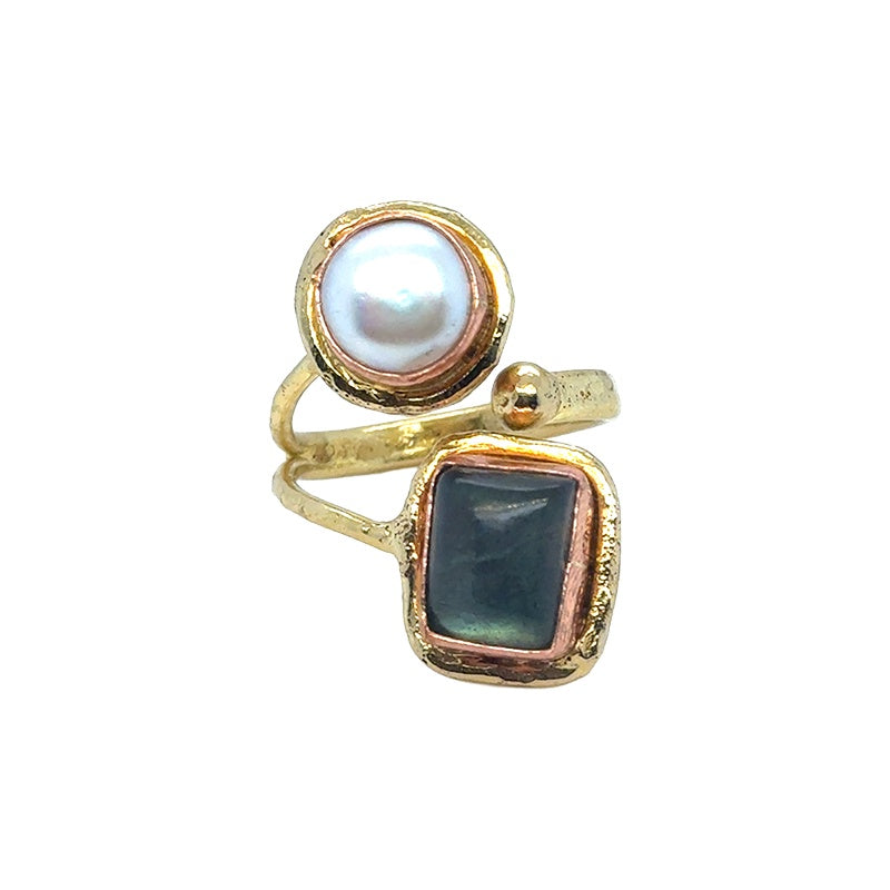 Amara Geo Labradorite and Pearl Ring
