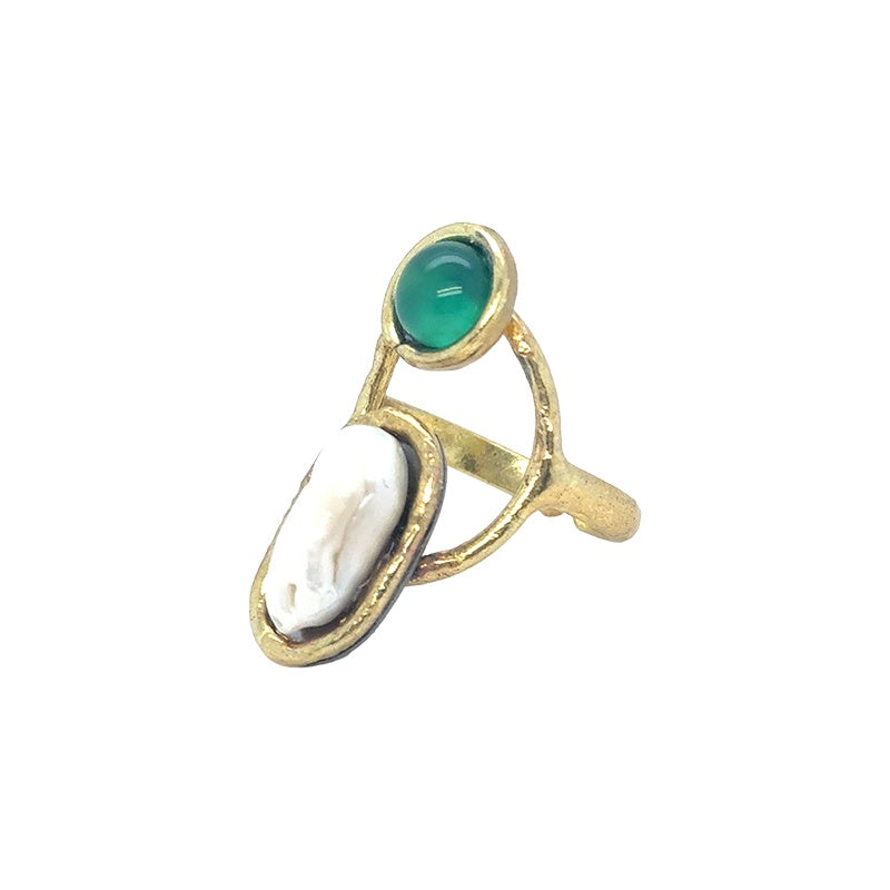 Amara Round Pearl and Green Stone Ring
