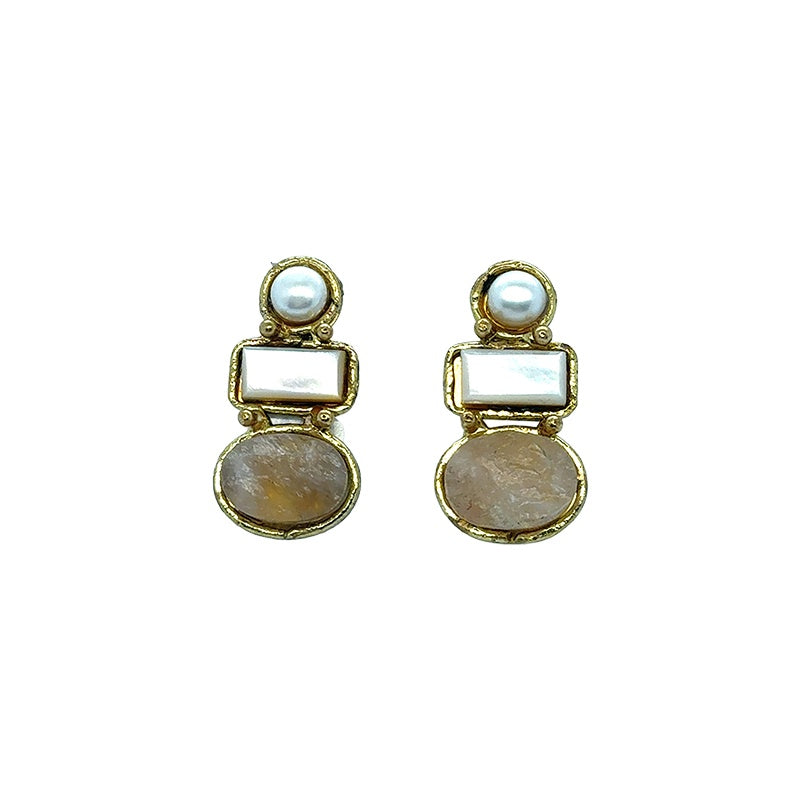 Amara Pearl and Rose Quartz Triple Drop Earrings