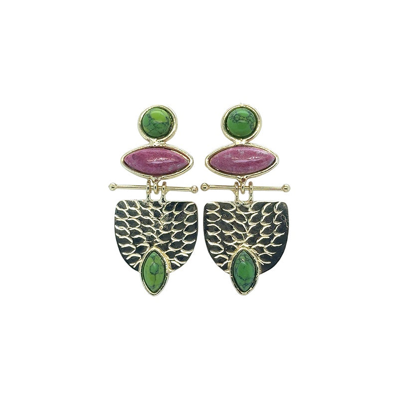 Amara Green Turquoise and Rhodochrosite Shield Drop Earrings