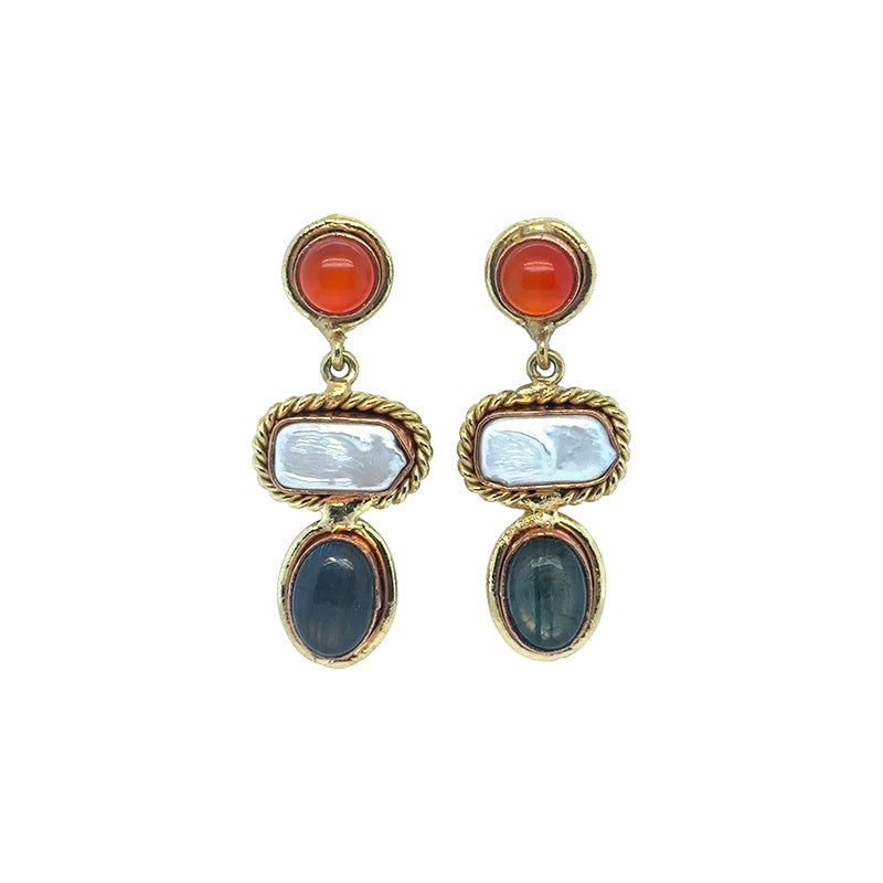 Amara Triple Drop Carnelian Pearl and Labradorite Earrings