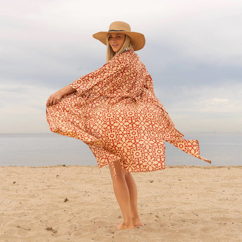 Red Geometric Kimono Robe