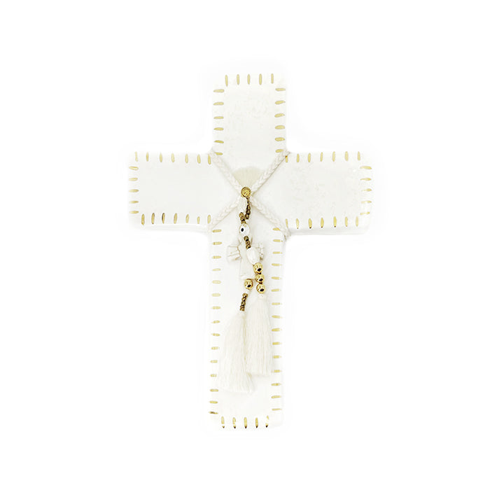 Midas Cross Wall Plaque - White and Gold Stripe