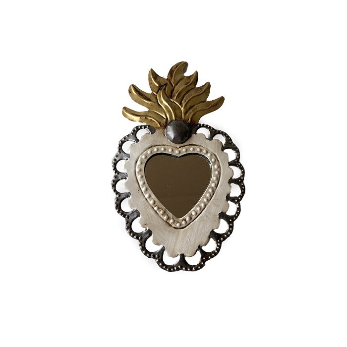 Mexican Flaming Heart Tin Mirror