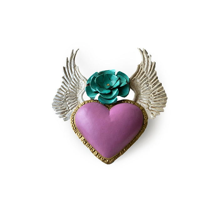 Mexican Tin Pink Heart with Flower & Wings