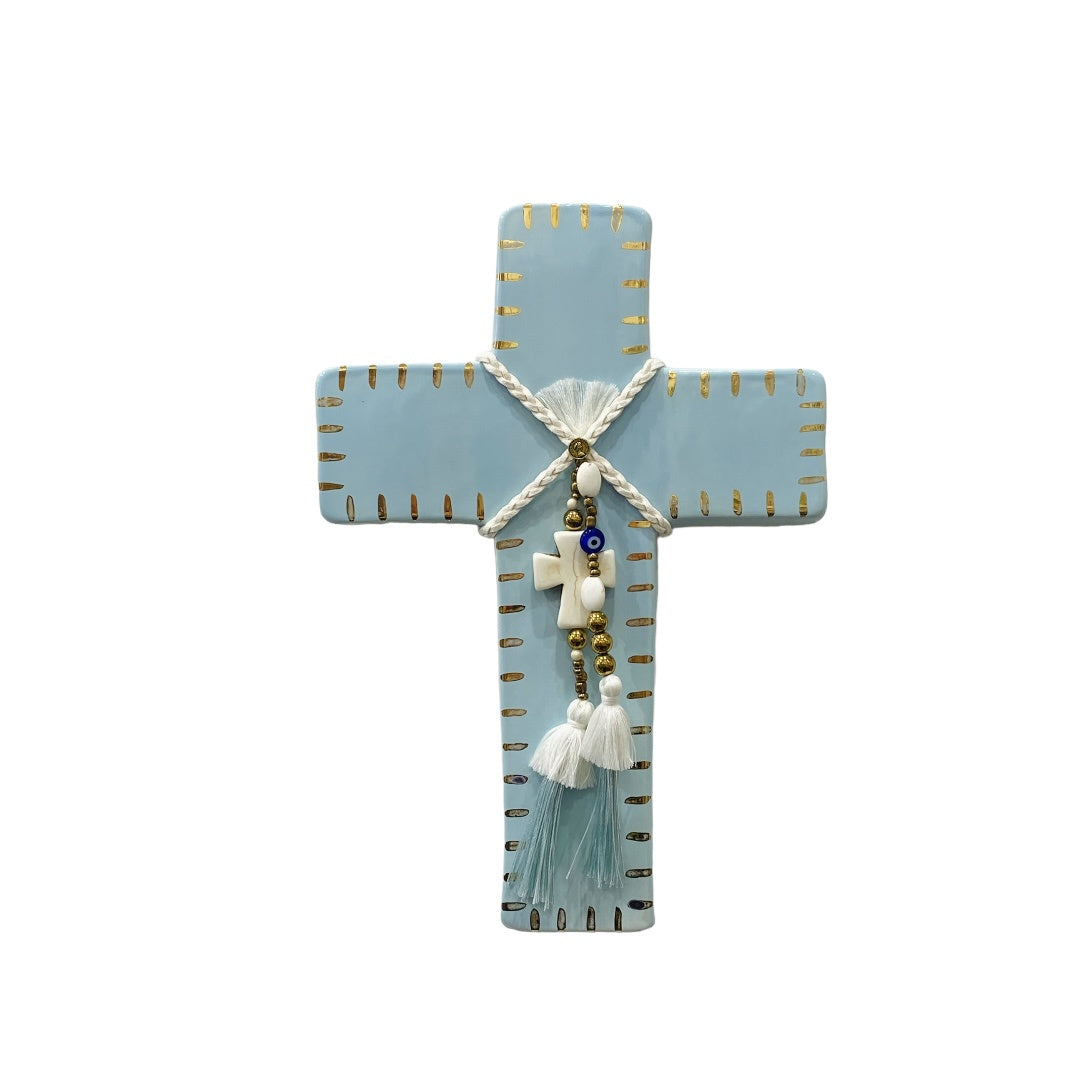 Midas Cross Wall Plaque - Sky Blue and Gold